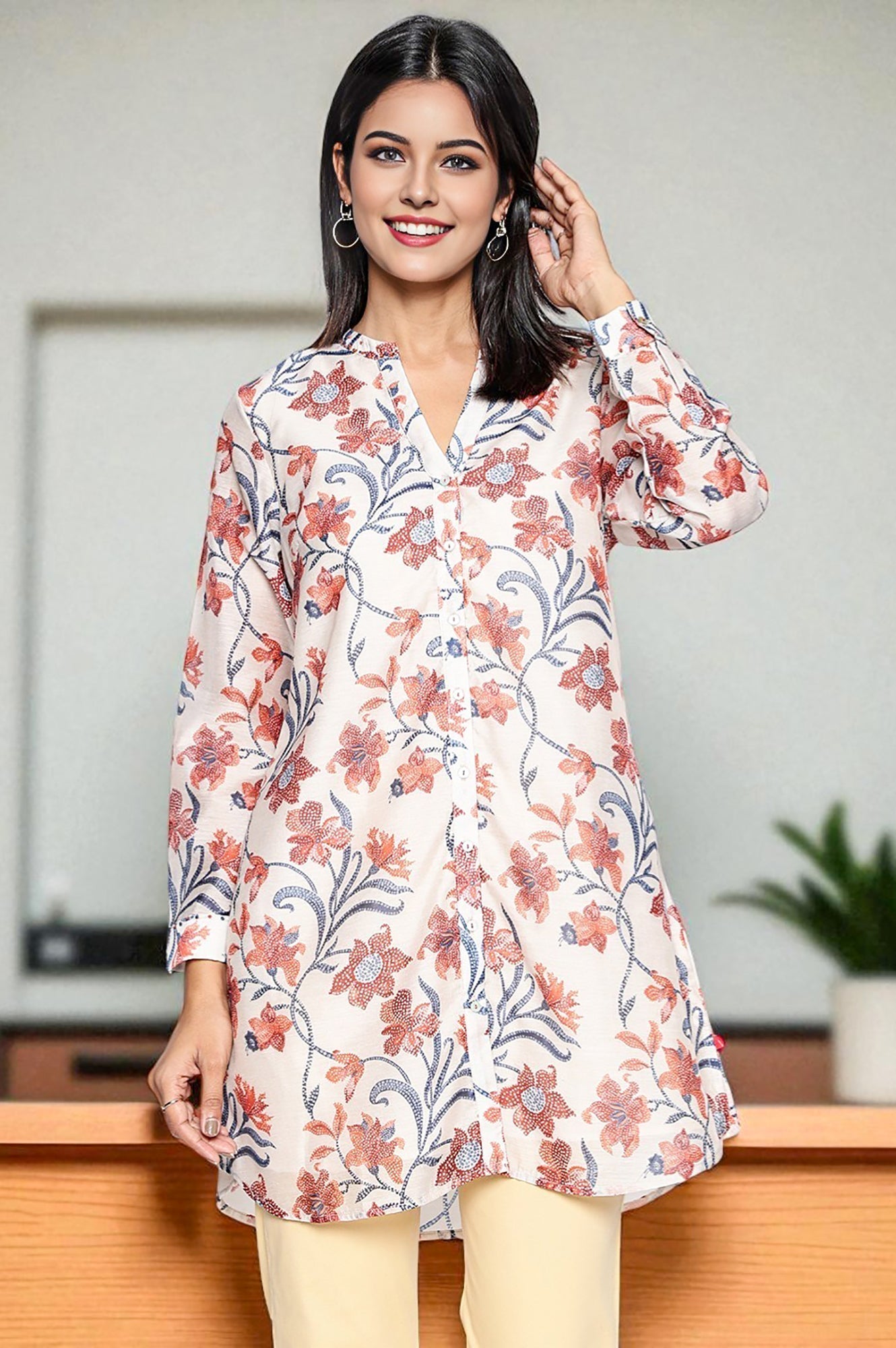 W for Woman Walnut Beige Printed Chanderi Straight Tunic