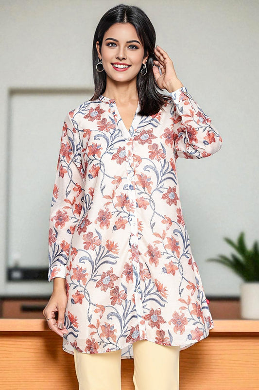 W for Woman Walnut Beige Printed Chanderi Straight Tunic
