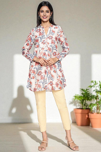 W for Woman Walnut Beige Printed Chanderi Straight Tunic