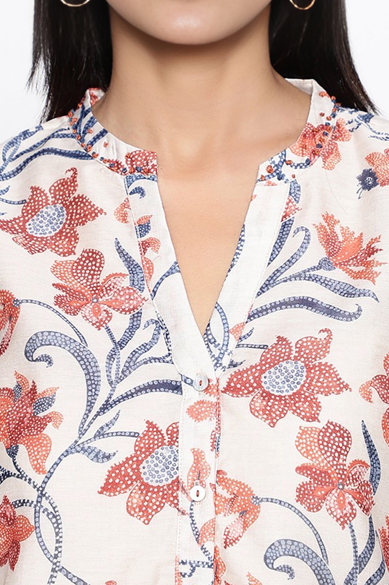 W for Woman Walnut Beige Printed Chanderi Straight Tunic