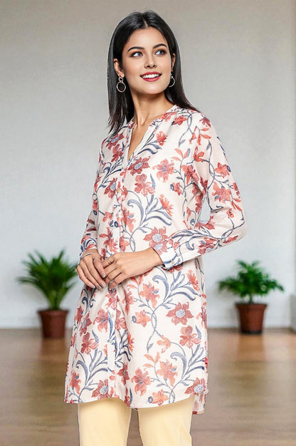 W for Woman Walnut Beige Printed Chanderi Straight Tunic