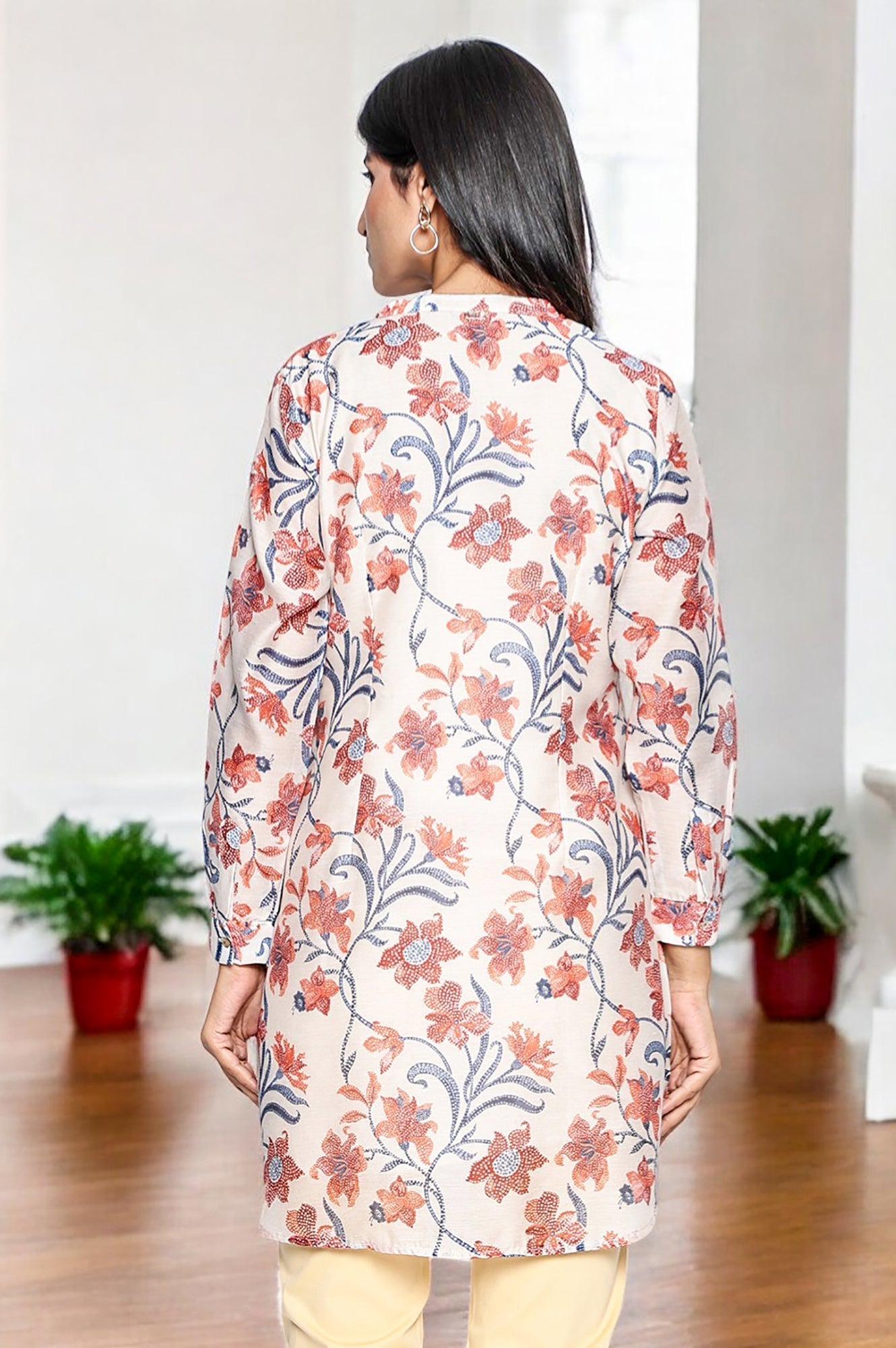 W for Woman Walnut Beige Printed Chanderi Straight Tunic