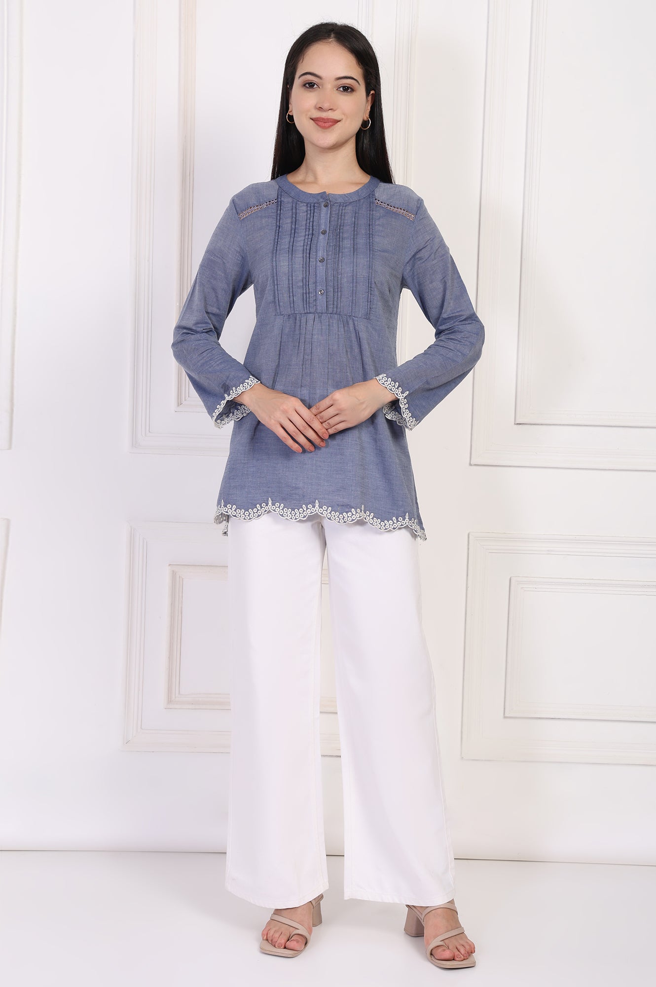W for Woman Blue Solid Embroidered Flared Cotton Top