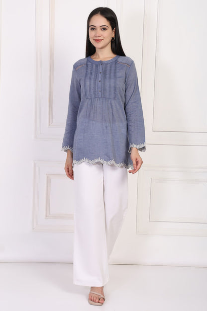 W for Woman Blue Solid Embroidered Flared Cotton Top
