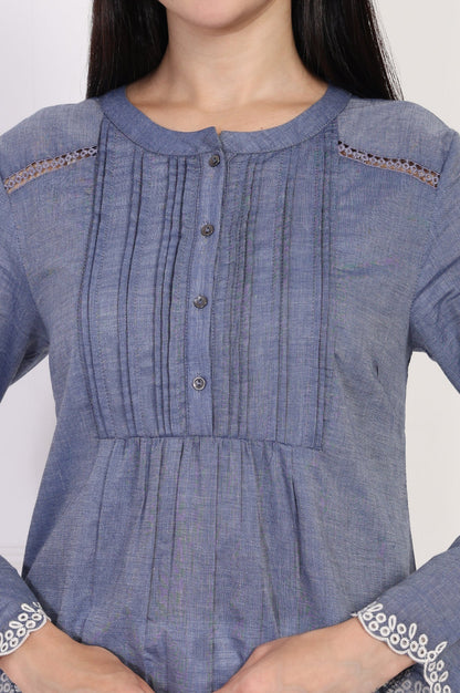 W for Woman Blue Solid Embroidered Flared Cotton Top