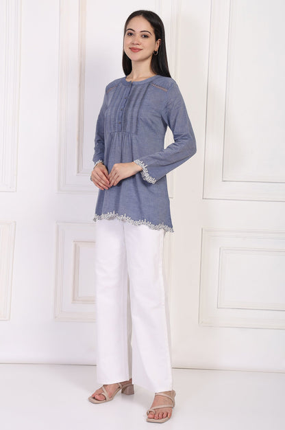 W for Woman Blue Solid Embroidered Flared Cotton Top