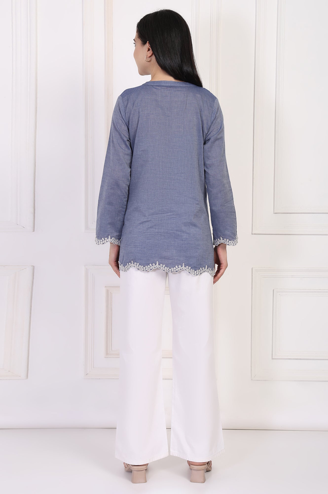 W for Woman Blue Solid Embroidered Flared Cotton Top