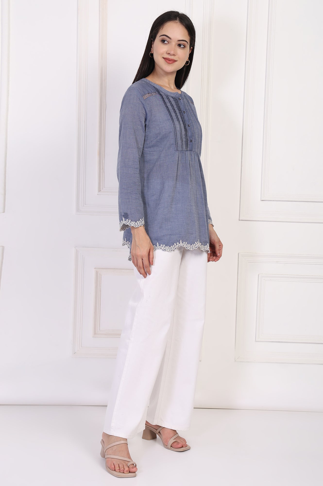 W for Woman Blue Solid Embroidered Flared Cotton Top