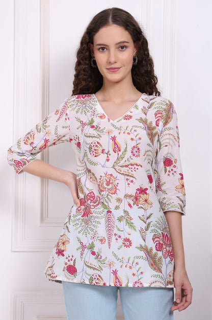 W for Woman White Floral Printed Pure Cotton Top with Lace