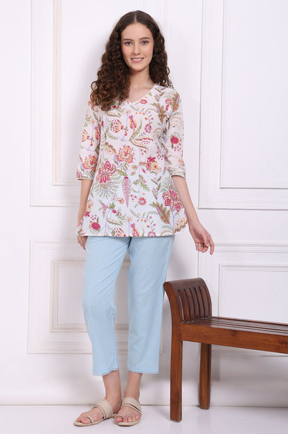 W for Woman White Floral Printed Pure Cotton Top with Lace