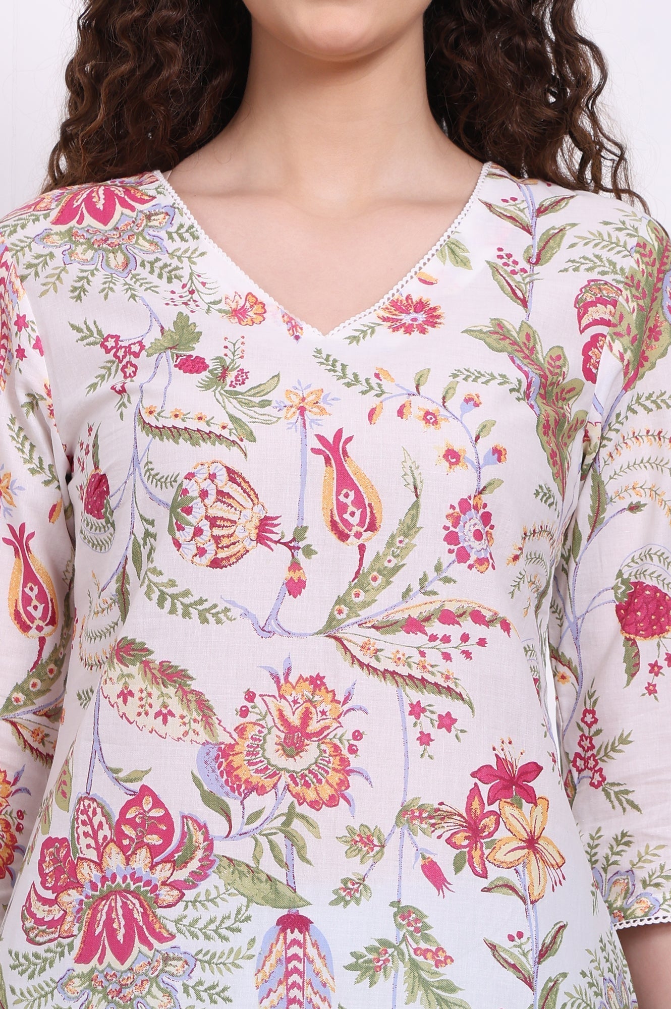 W for Woman White Floral Printed Pure Cotton Top with Lace