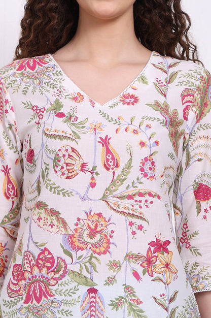 W for Woman White Floral Printed Pure Cotton Top with Lace