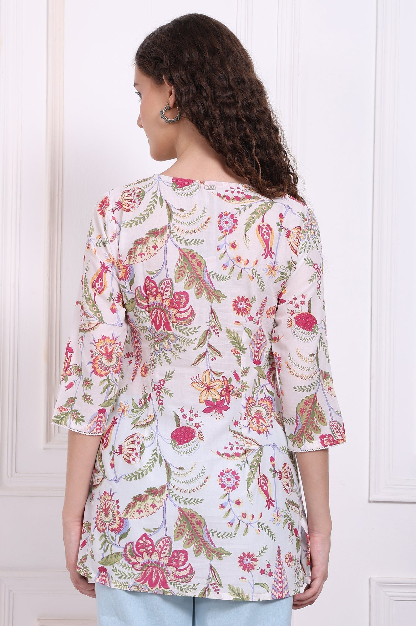 W for Woman White Floral Printed Pure Cotton Top with Lace