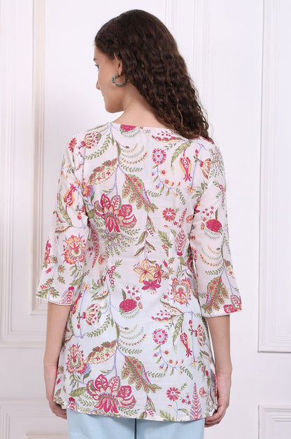 W for Woman White Floral Printed Pure Cotton Top with Lace