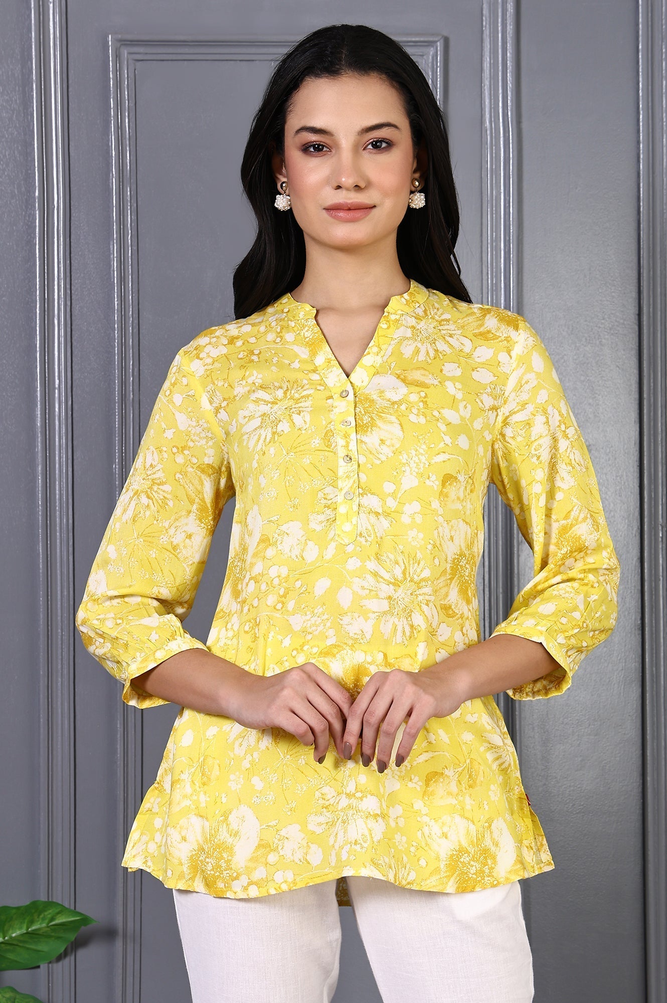 W for Woman Yellow Floral Printed Modal Straight Top
