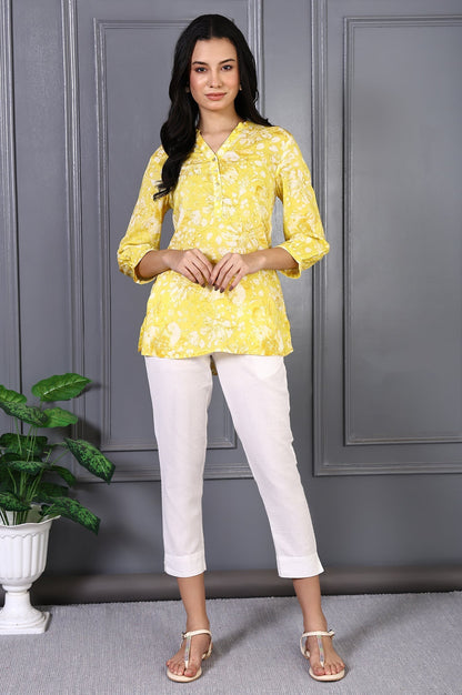 W for Woman Yellow Floral Printed Modal Straight Top