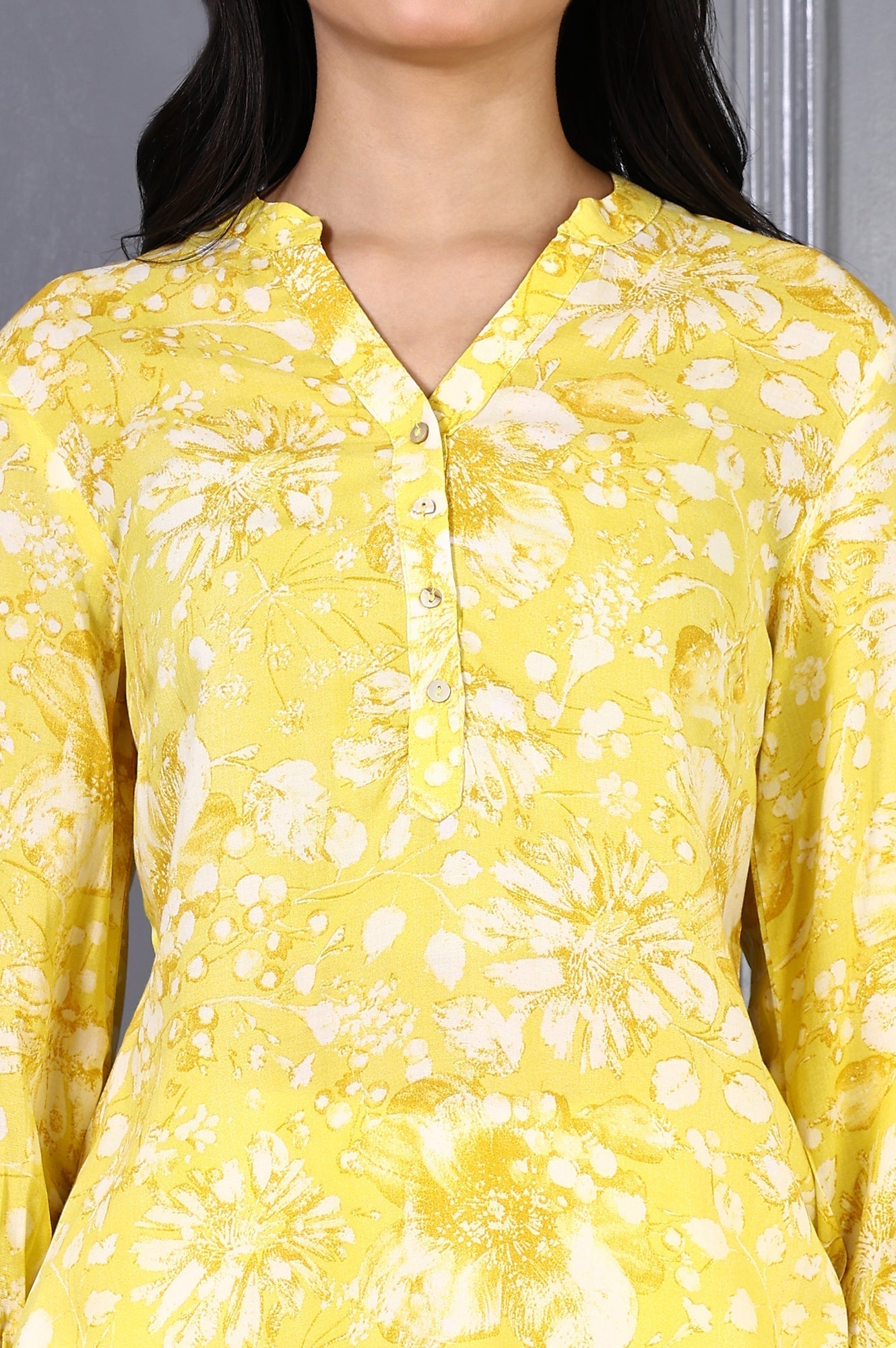W for Woman Yellow Floral Printed Modal Straight Top