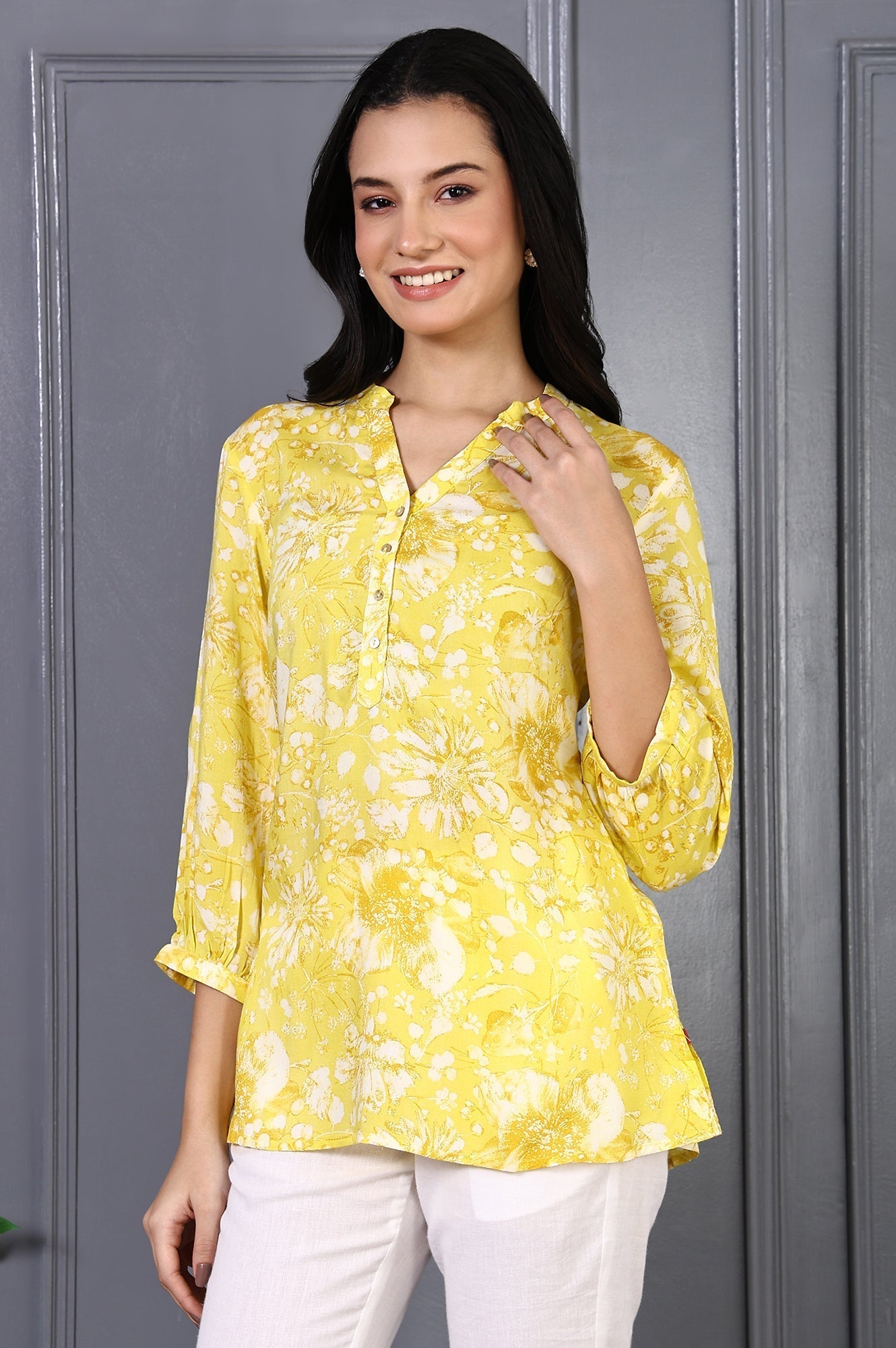 W for Woman Yellow Floral Printed Modal Straight Top