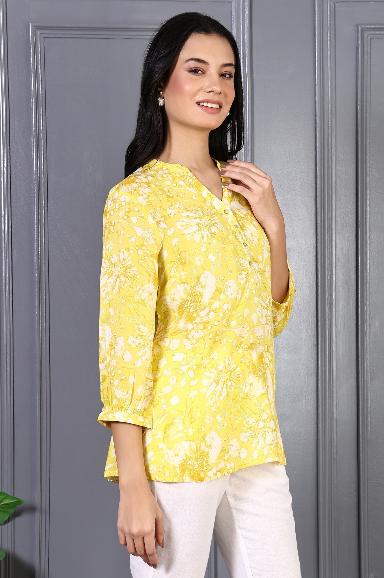 W for Woman Yellow Floral Printed Modal Straight Top