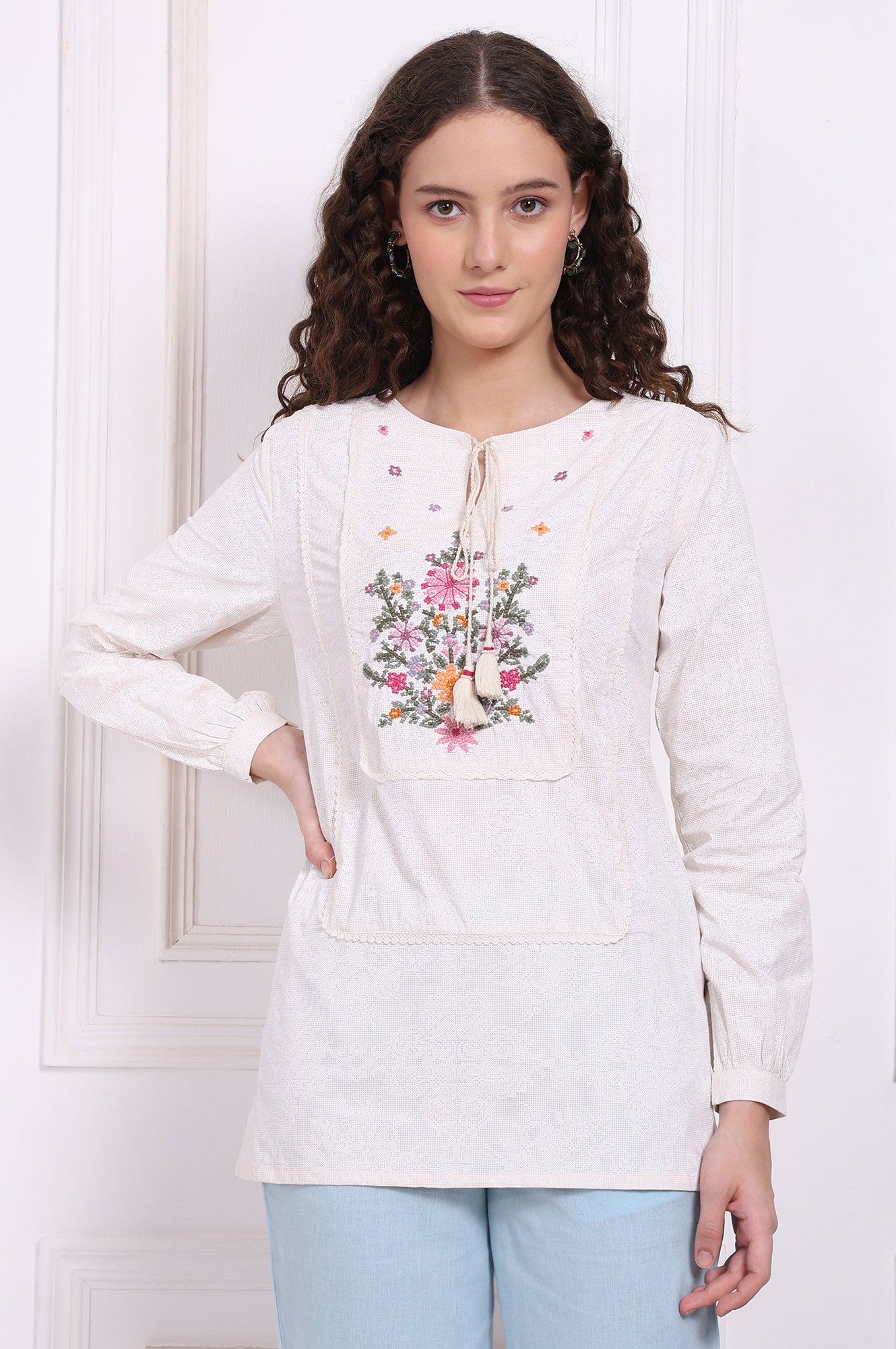 W for Woman White Embroidered Pure Cotton Top with Lace