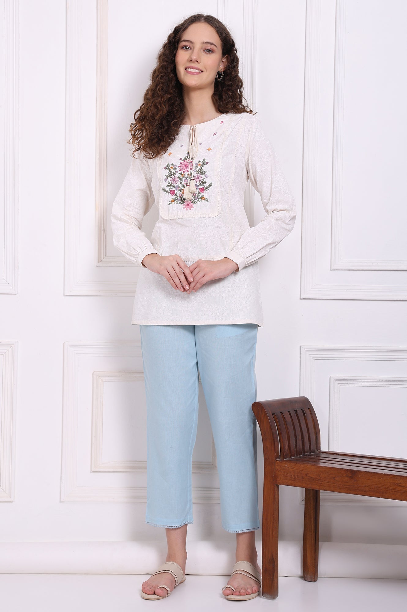 W for Woman White Embroidered Pure Cotton Top with Lace