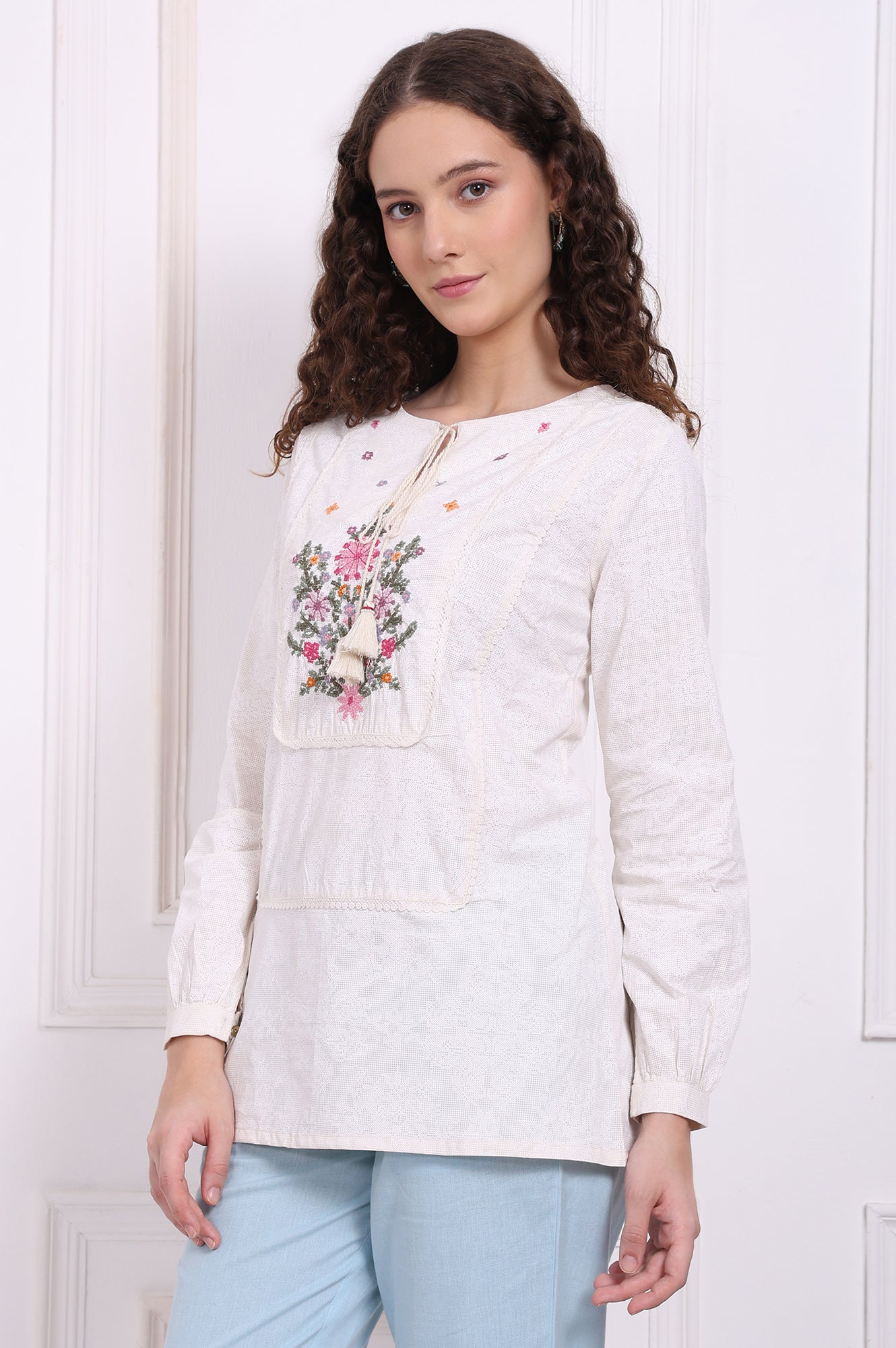 W for Woman White Embroidered Pure Cotton Top with Lace