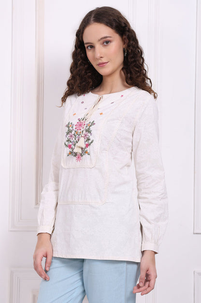 W for Woman White Embroidered Pure Cotton Top with Lace