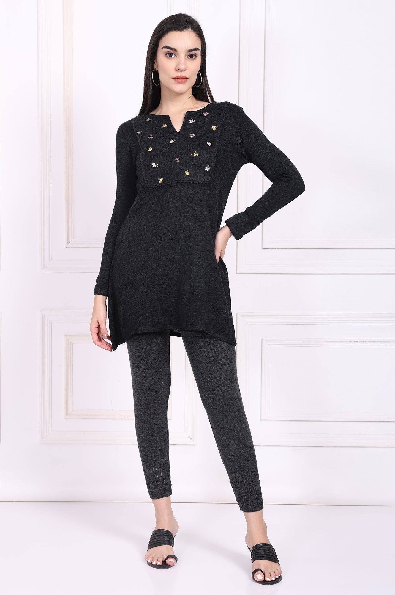W for Woman Grey Embroidered Straight Acrylic Tunic