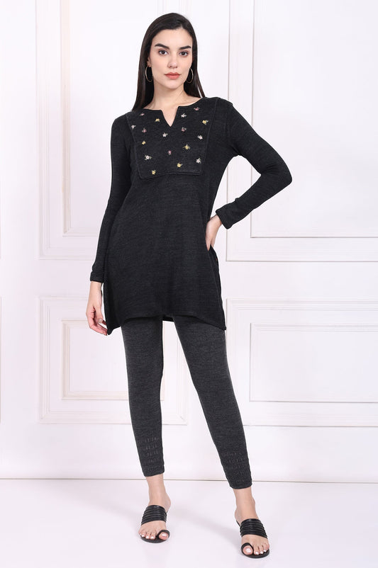 W for Woman Grey Embroidered Straight Acrylic Tunic