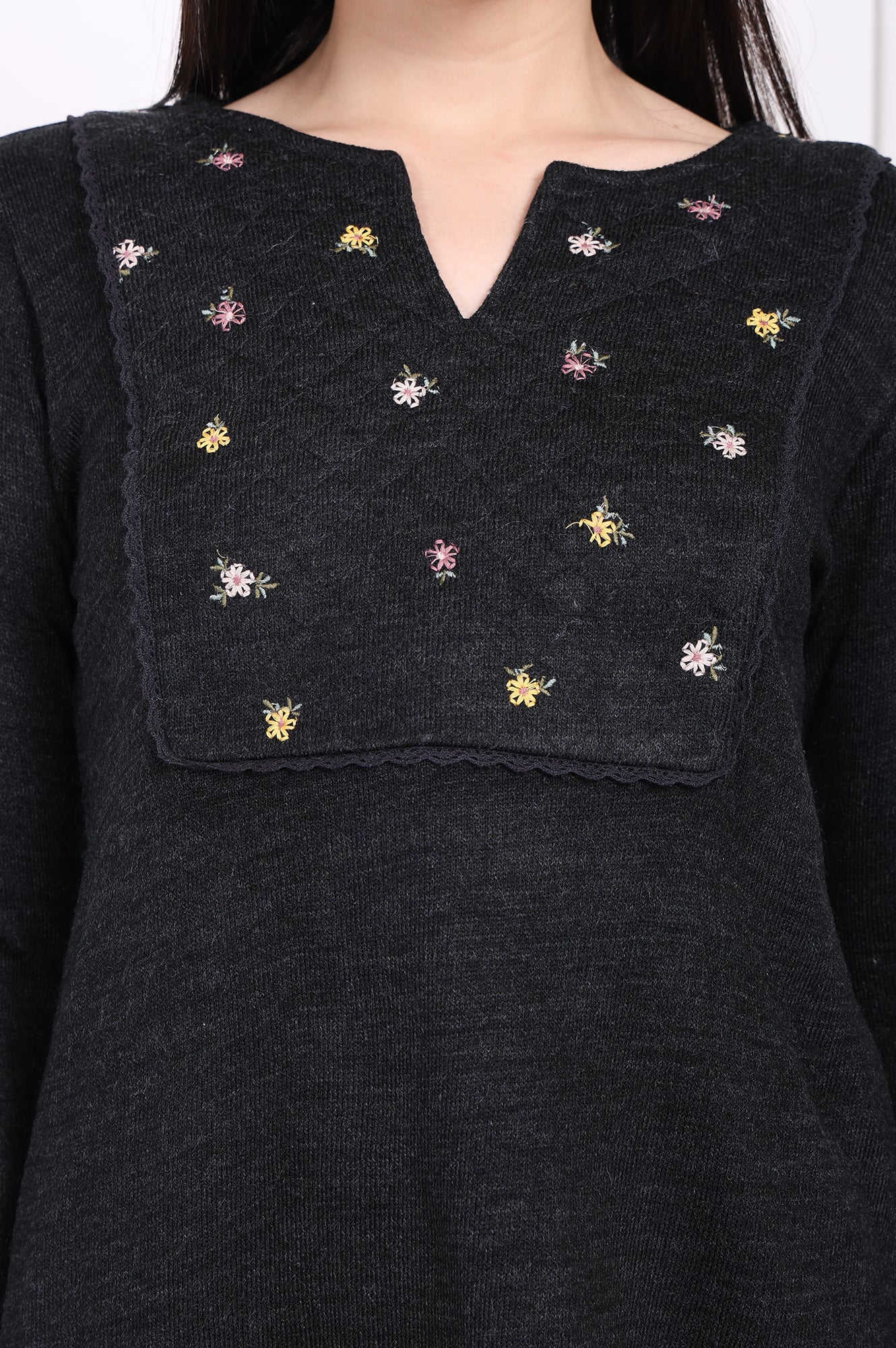W for Woman Grey Embroidered Straight Acrylic Tunic