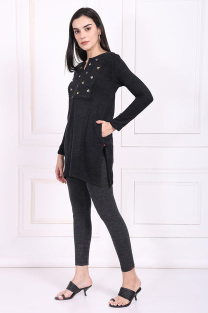 W for Woman Grey Embroidered Straight Acrylic Tunic