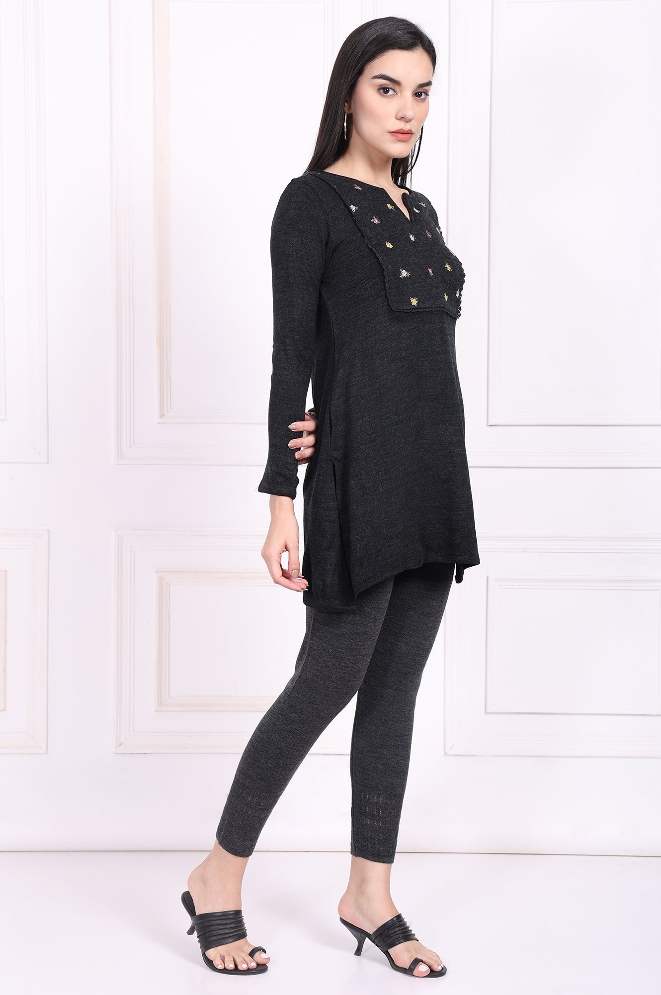 W for Woman Grey Embroidered Straight Acrylic Tunic