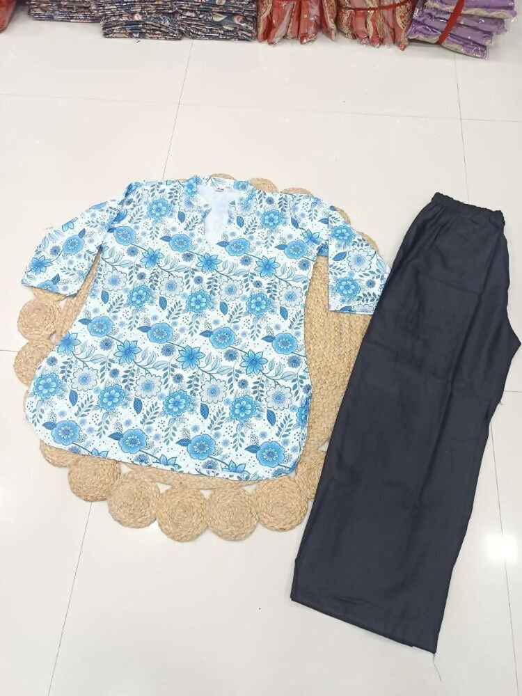 Teeya Creation Womens New Trendy Blue Floral Printed Short Kurti with Beige Palazzo Set