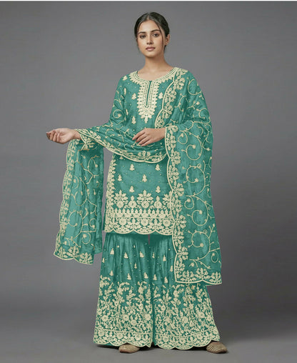 Teeya Creation Womens New Trendy Pure Gmy Silk With Heavy Embroidery Sequence Work Light-Green Kurta Set