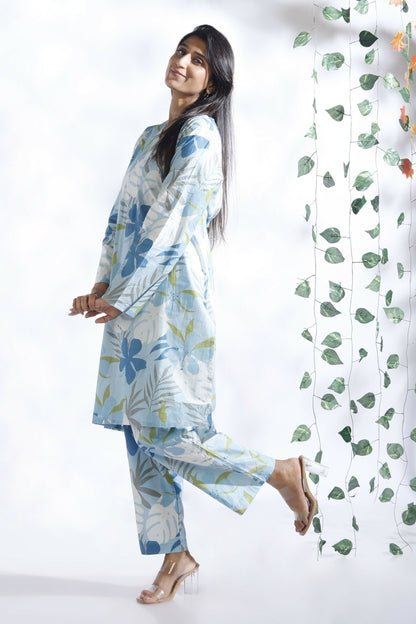 Breathables Blue Floral Print Cotton Long Kurta Co-Ord Set Cotton