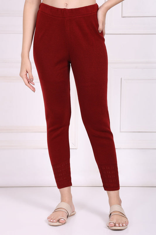 W for Woman Red Solid Acrylic Winter Legging