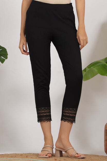 W for Woman Black Solid Cotton Flax Slim Pants with Lace