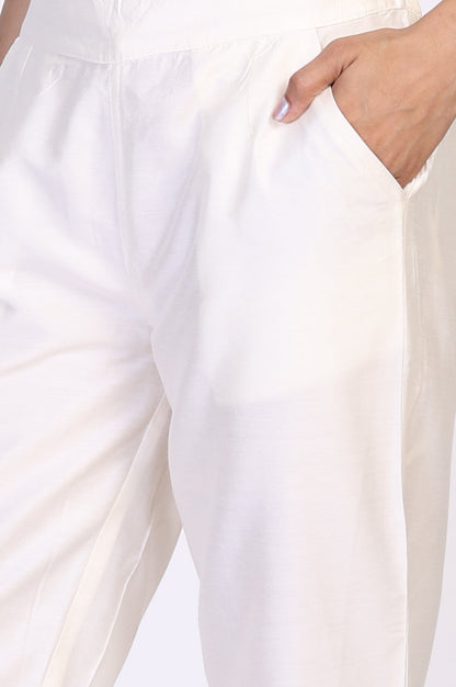 W for Woman Cream Solid Straight Rayon Pant