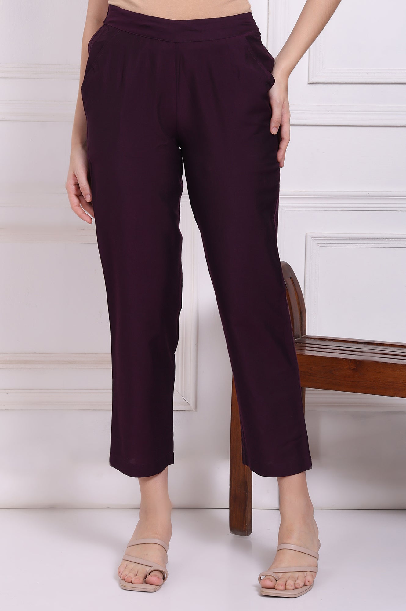 W for Woman Purple Solid Ankle Length Rayon Straight Pants
