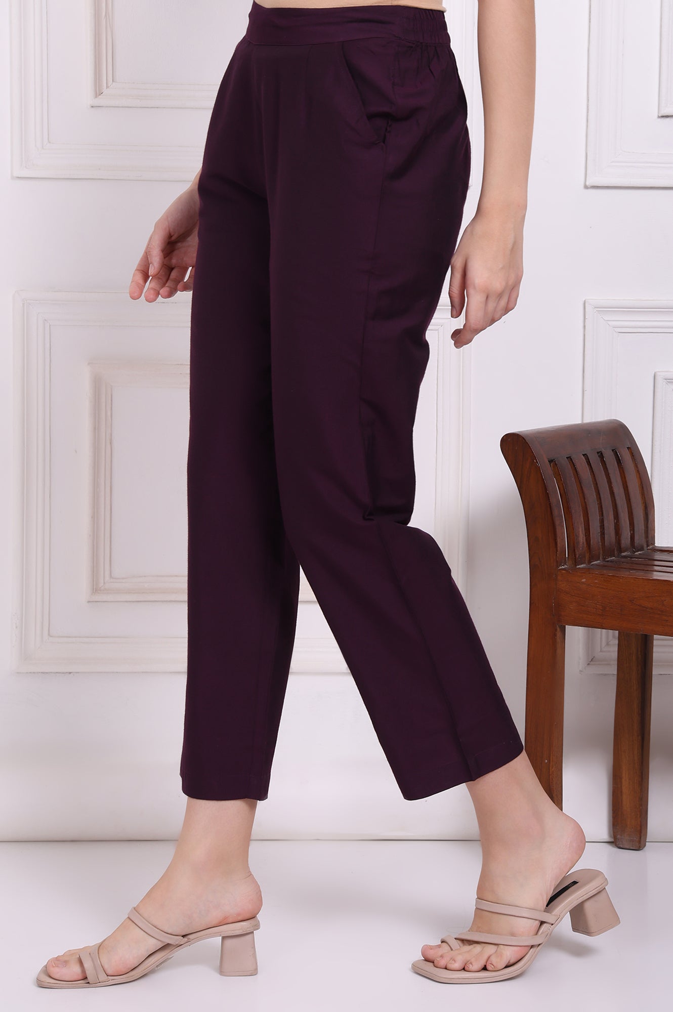 W for Woman Purple Solid Ankle Length Rayon Straight Pants