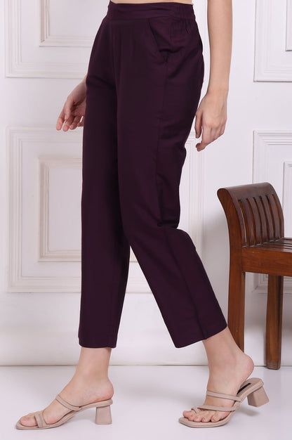 W for Woman Purple Solid Ankle Length Rayon Straight Pants