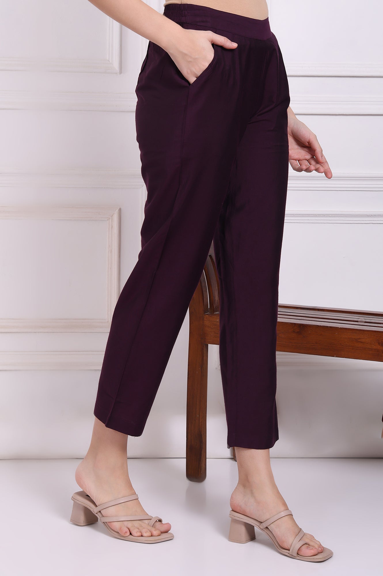 W for Woman Purple Solid Ankle Length Rayon Straight Pants