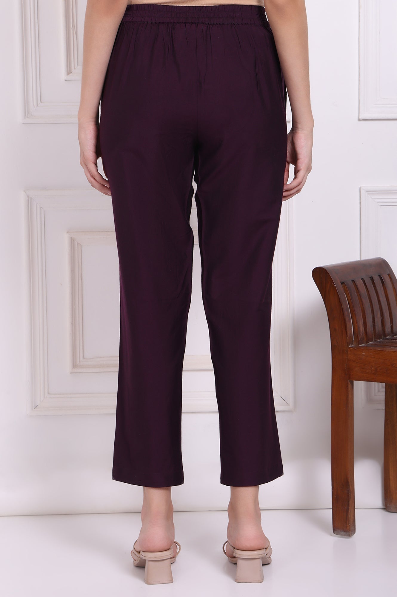 W for Woman Purple Solid Ankle Length Rayon Straight Pants