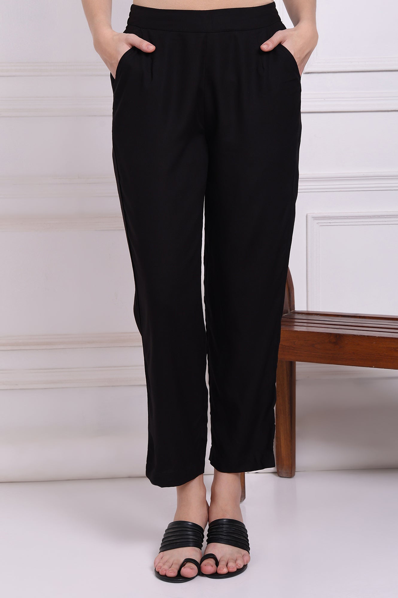 W for Woman Black Solid Ankle Length Rayon Straight Pants