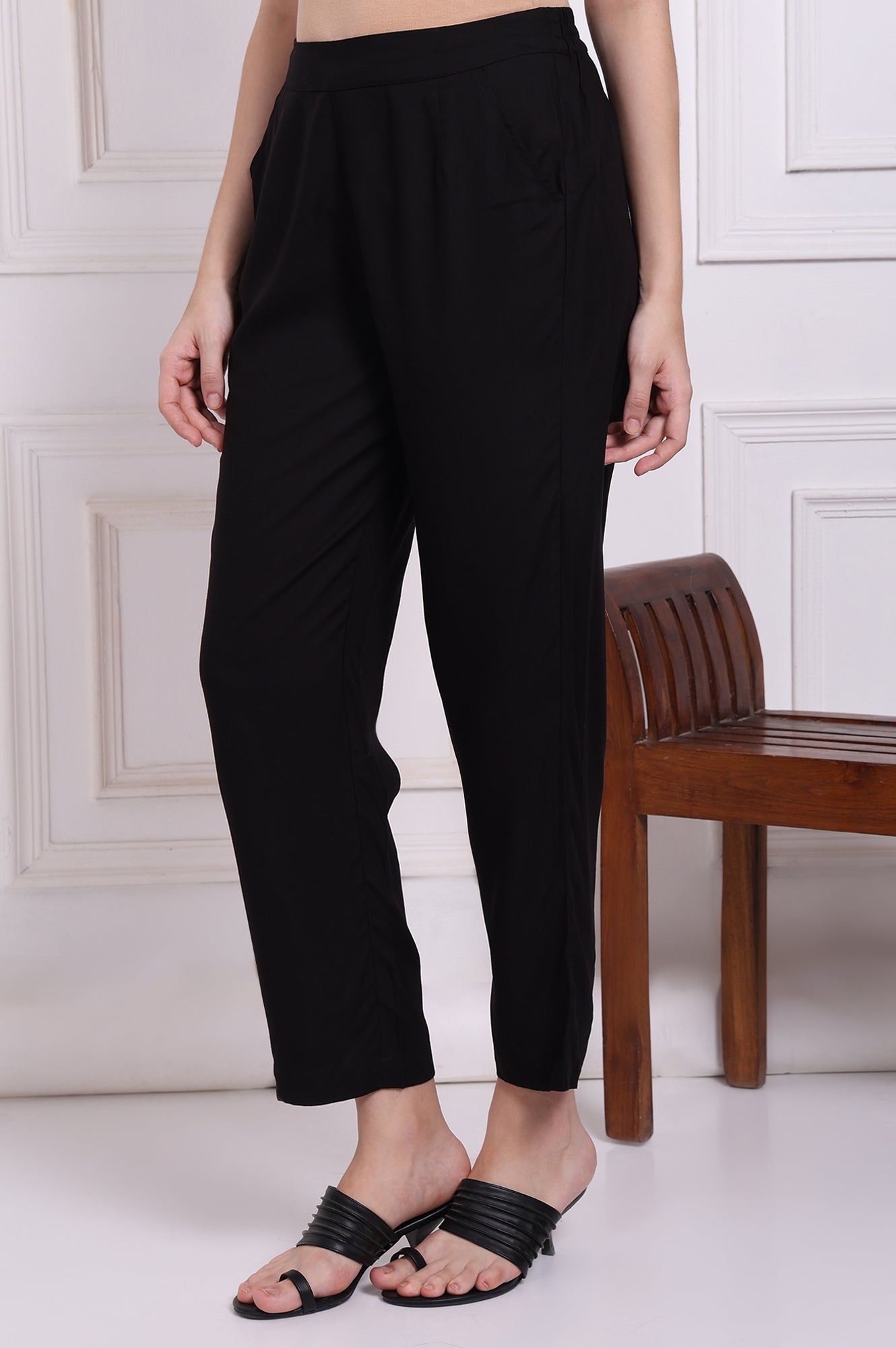 W for Woman Black Solid Ankle Length Rayon Straight Pants