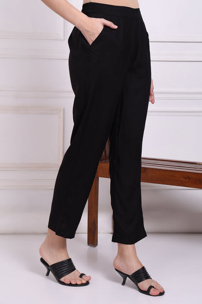 W for Woman Black Solid Ankle Length Rayon Straight Pants