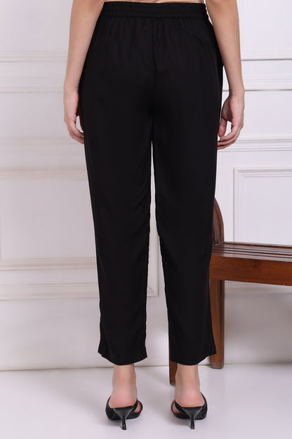W for Woman Black Solid Ankle Length Rayon Straight Pants