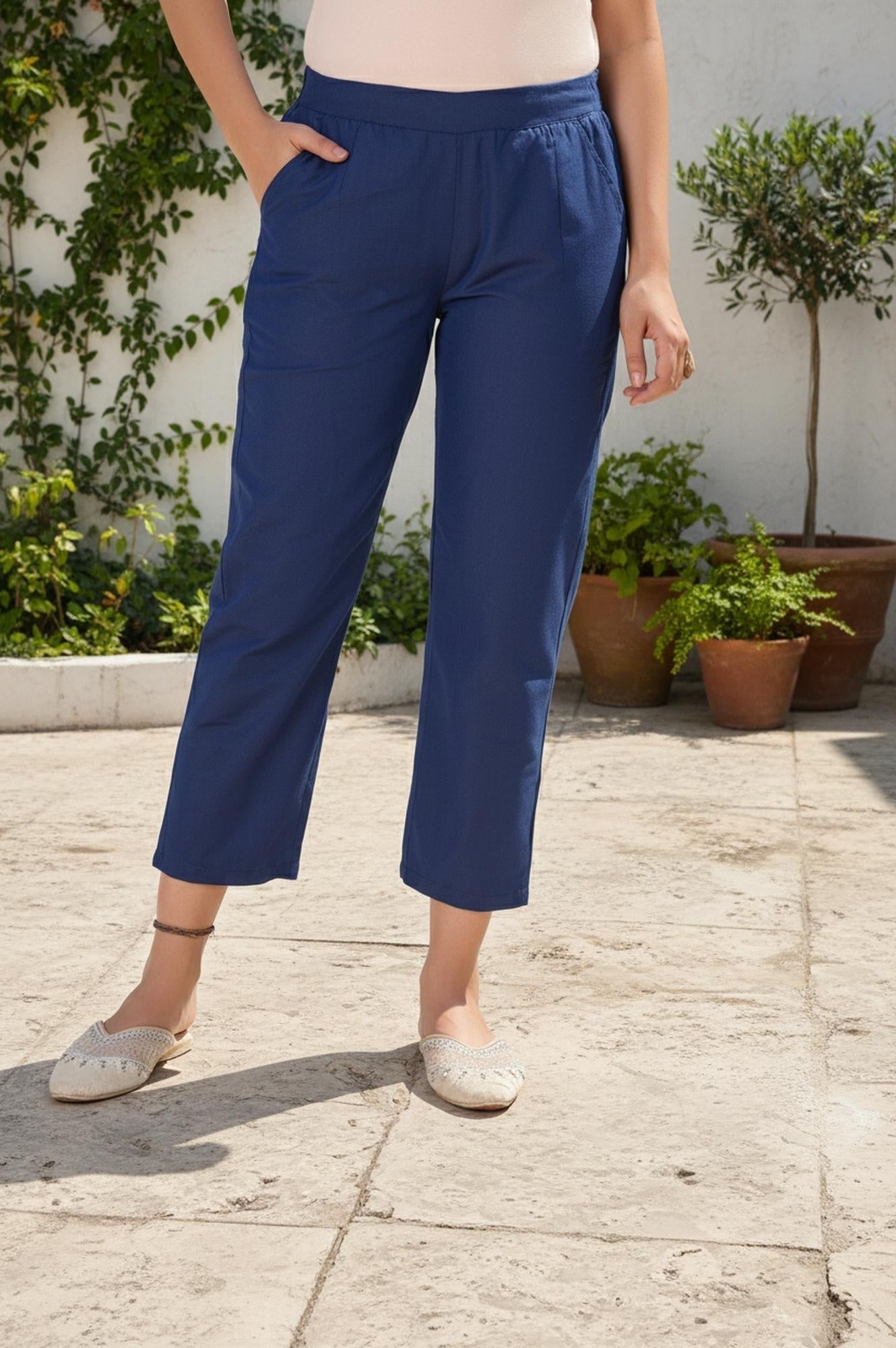 W for Woman Blue Solid Straight Rayon Pant