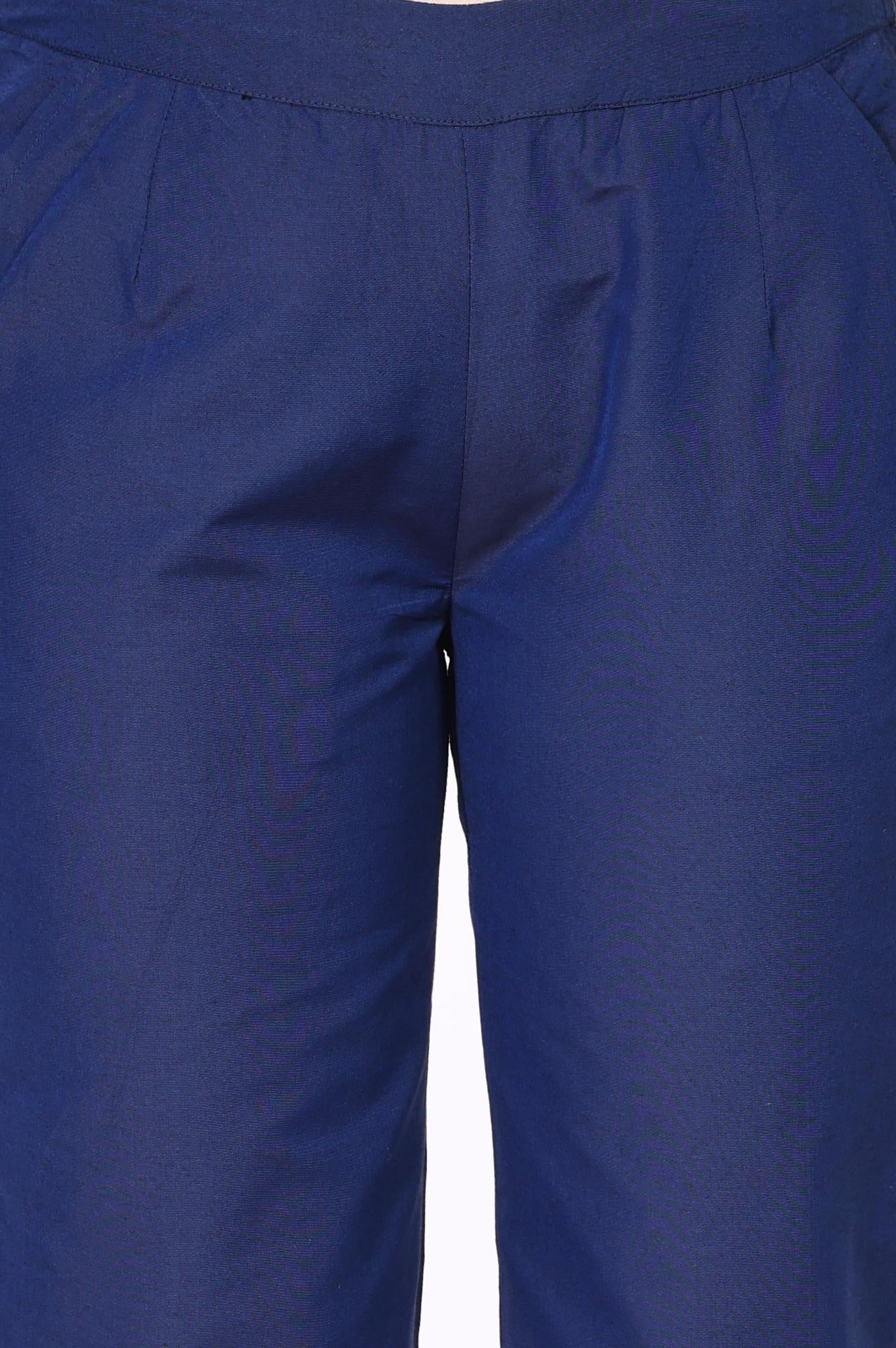 W for Woman Blue Solid Straight Rayon Pant
