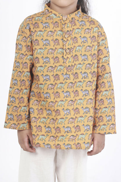 Breathables Kids Cotton Night Suit  Yellow Camel Print Kurta & Pyjama Co-Ord Set For Boys & Girls